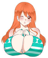 blushing long_hair nami one_piece cleavage huge_breasts red_hair unknown_artist looking_at_viewer source_needed removing_clothing winking no_background anon between_breasts
