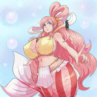 one_piece huge_breasts mermaid shirahoshi bare_midriff between_breasts pinkkoffin