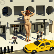 breasts nipples nude pussy barefoot mini_giantess looking_down standing onlookers shaven taxi digital_render vedogon