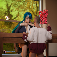long_hair clothed cleavage shrinking blue_hair sitting standing desk digital_render pseudoclever