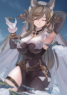 drawing giantess color large_breasts long_hair destruction cat_ears brunette unknown_artist thighs closed_eyes floating_islands source_needed airship pinched_between_fingers bare_legs hand_behind_head