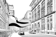 drawing giantess feet city monochrome buildings shoes street unknown_artist looming walking vehicles source_needed out_of_frame