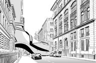 drawing giantess feet city monochrome buildings shoes street unknown_artist looming walking vehicles source_needed out_of_frame
