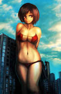 drawing giantess city color destruction red_eyes brunette underwear highrise