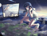 drawing giantess giga city mega space color clothed anime goddess sun shorts clouds sky gamefreakdx huge weathering_with_you hina_amano