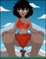 breasts drawing giantess wings mega black_hair color giant cleavage bra green_eyes fairy angry multiple_sizes squatting hand forest dark_skin outdoors crouching hairband axe pointed_ears loincloth nightcore100 ferngully crysta krysta paul_bunyan