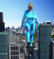 giantess city blonde robot samus_aran zero_suit_samus digital_render