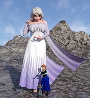 giantess blonde long_hair clothed princess multiple_sizes red_hair dress mini_giantess queen mountains standing frozen disney anna digital_render elsa christof