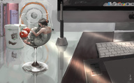 black_hair long_hair barefoot table shrunken_woman painting home cherries trapped_inside wine_glass