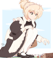 breasts drawing gentle giantess blonde color large_breasts clothed green_eyes stockings gloves dress squatting apple cute maid_uniform outdoors shopping in_pocket mary_janes white_gloves hair_bun bonnet cuffs ncmares yohomeboync yohomeboyraps raps hand_on_knee