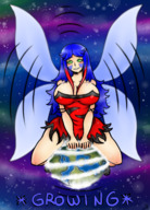 drawing growth giantess blushing earth giga wings space color blue_hair fairy sitting_on_planet majoumegami