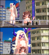 breasts nipples giantess nude blonde butt brunette multiple_sizes giantesses digital_render mt._lady diane_(seven_deadly_sins)
