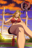 breasts giantess micro clothed skirt cheerleader closed_eyes legs_crossed football_field zerohour99 human goal_post