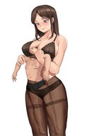 giantess blushing large_breasts bra stockings underwear mini_giantess shrunken_man inside_clothing between_breasts kkasi00