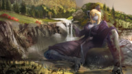 furry macro blonde barefoot waterfall paws leopard sitting forest cliff valley bathrobe kairakutei museuk