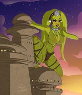 breasts drawing growth giantess panties mega alien color large_breasts handheld cleavage buildings climbing brown_eyes star_wars collar fishnets tentacles night outdoors chains headband palace imminent_vore green_skin looking_at_tiny tatooine oola hutt jabba_the_hutt ameliaafterdark twilek Mega lekku