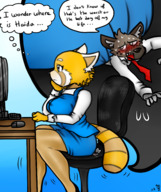drawing furry tail anthro color butt clothed butt_crush sitting unaware desk computer dialogue zoom thought_bubble office_chair aggretsuko majoumegami retsuko