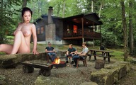 nipples giantess collage nude black_hair large_breasts sitting looking_down campfire cabin multiple_men