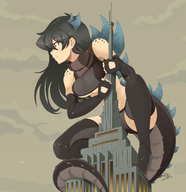 drawing giantess tail mega black_hair color large_breasts long_hair clothed high_heels buildings stockings yellow_eyes smiling godzilla squatting underboob fangs skyscraper clouds outdoors sky birds profile zilla kaiju on_building bare_midriff raps girlskaiju