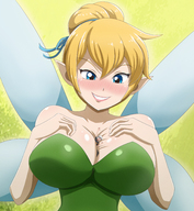breasts drawing giantess white_hair wings blonde color large_breasts blue_eyes crossover cleavage susan fairy ginormica dress short_hair tinkerbell monsters_vs_aliens disney catsuit jumpsuit hairband pointed_ears thedaibijin hair_bun susan_murphy dreamworks between_breasts