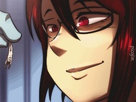 drawing color handheld glasses red_eyes brunette dangle zoom smirking picojin out_of_frame shokuo