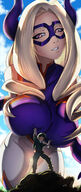 breasts drawing giantess blonde color large_breasts long_hair low_angle looming looking_down thighs outdoors holding_up bryan_lobdell my_hero_academia mt._lady izuku_midoriya