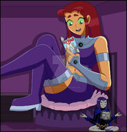 breasts drawing growth giantess mega alien color long_hair skirt bed green_eyes purple_hair purple_eyes raven teen_titans red_hair starfire mini_giantess boots sitting looking_down room costume cape top belt leotard book reading looking_at_tiny dc_comics orange_skin bare_legs grey_skin outgrowing_room nightcore100 bare_midriff