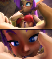 blue_eyes handheld purple_hair grinning palm looming minigirl shrunken_woman earrings long_ears pirate looking_at_tiny shantae digital_render risky_boots sourcesizeshenanigans shantae_(series) out_of_frame extreme_angle