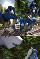 micro furry tail anthro butt handheld barefoot blue_hair fox squatting krystal tribal forest shrunken_person thighs outdoors tattoo between_fingers muzzle looking_at_tiny digital_render loincloth star_fox 80lines