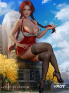drawing giantess city color large_breasts long_hair butt clothed cleavage high_heels buildings green_eyes stockings red_hair dress sitting twintails hand clouds thighs outdoors sky braid trees looking_at_viewer shurakrgt