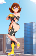 breasts drawing giantess city mega color large_breasts butt blue_eyes cleavage buildings brunette gloves short_hair avengers ripped_clothing janet_van_dyne marvel_comics the_wasp chemical-bro avengers_earths_mightiest_heroes