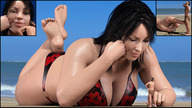 bikini breasts large_breasts swimsuit beach ocean finger green_eyes brunette hand shrunken_man looking_down sand poking looking_at_tiny digital_render galiagan