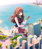 drawing gentle giantess city color long_hair beach water ocean buildings brunette brown_eyes squatting thighs outdoors trees eudetenis girls_frontline gtscommissions m4a1_(girls_frontline) bare_thighs