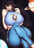 drawing giantess earth space planet huge_breasts goddess pants aliessa between_breasts namakiri_21 breast_window