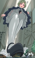 drawing giantess panties blushing city mega upskirt color destruction clothed buildings helicopter shoes purple_eyes smiling green_hair short_hair looking_down maid_uniform vehicles outdoors sky vehicle_crush dust_cloud cracked_pavement mary_janes bonnet piyonaf looking_at_tinies