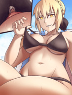 bikini nipples blonde minigirl shrunken_woman pressed swimwear looking_at_tiny thunderafterdark clothing_entrapment unlimitedfateworks saber_(fate) altera_(fate)