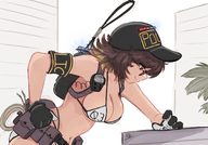bikini drawing giantess city color large_breasts cleavage bra buildings glasses brunette grinning brown_eyes police short_hair looming sunglasses standing outdoors palm_tree cap looking_at_tiny utility_belt bare_midriff police_officer ncmares yohomeboync yohomeboyraps raps skimpy_clothes