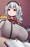 drawing white_hair color large_breasts blue_eyes clothed short_hair heart looming unaware shrunken_man indoors hat book kantai_collection admiral kashima zenougts