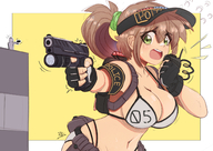bikini drawing giantess city color large_breasts cleavage bra gun buildings green_eyes brunette scared police ponytail short_hair humor standing outdoors visor looking_at_tiny pistol utility_belt bare_midriff police_officer ncmares yohomeboync yohomeboyraps raps skimpy_clothes out_of_frame walkie-talkie