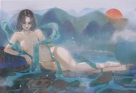 drawing nipples gentle giantess nude color water brunette waterfall sun looking_down mountains river outdoors valley convenient_censorship sbgpand