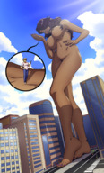 breasts drawing nipples giantess nude city mega color large_breasts long_hair handheld barefoot buildings low_angle underboob dark_skin latina hands_on_hips purple_nails looking_at_tiny cutaway zerohour99 theelheffe