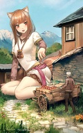 drawing gentle tail color long_hair clothed buildings cat_ears brunette brown_eyes smiling sitting spice_and_wolf apple mountains cat_girl thighs holo apples cart corpsmanwelt craft_lawrence