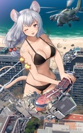 bikini drawing giantess white_hair furry tail city color long_hair destruction beach ocean helicopter red_eyes military tank battle standing thighs ships mouse_girl anya hank88 winking bare_legs bare_midriff skeb corpsmanwelt