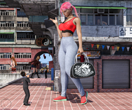gentle city clothed pink_hair street mini_giantess looking_down ponytails standing pants digital_render