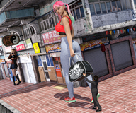 city long_hair clothed buildings mini_giantess looking_back digital_render bowling_bag