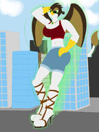 drawing growth giantess feet furry tail wings anthro city color large_breasts high_heels buildings green_eyes standing gryphon necklace hand_on_hips hand_behind_head griffon bare_midriff drel drellick