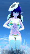 bikini blushing giga city long_hair buildings blue_hair fairy stockings hand heart closed_eyes digital_render on_knees flower_in_hair bare_midriff trans sizesonya veejaydee
