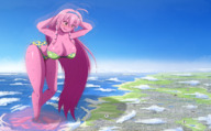 bikini growth giantess long_hair cleavage ocean green_eyes huge_breasts looming monster_girl slime_girl thedaibijin pink absorbing