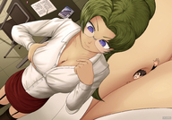 breasts drawing giantess color clothed cleavage skirt glasses purple_eyes domination smiling shrunken green_hair heart teacher shrunken_man looking_down cruel high smothering maria looking_at_tiny cleavage_window smirking between_breasts chijinda shrink_high enticent syukusho_gakuen syukusho gakuen