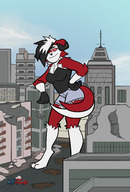 breasts drawing female giantess crush pokemon furry macro tail anthro color destruction clothed barefoot rampage buildings red_eyes paws short_hair shorts vehicles leaning_against_building outdoors top commission cracked_pavement multicolored_hair cracked_wall one_eye_covered foot_prints lycanroc midnight_lycanroc purplepawn yaboidingy